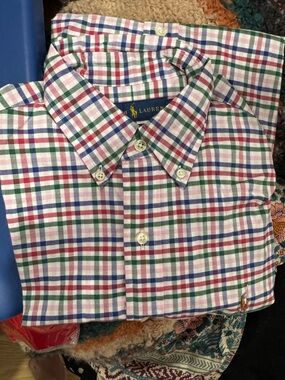 Ralph Lauren White Button-Down Shirt with Red, Green & Blue Plaid